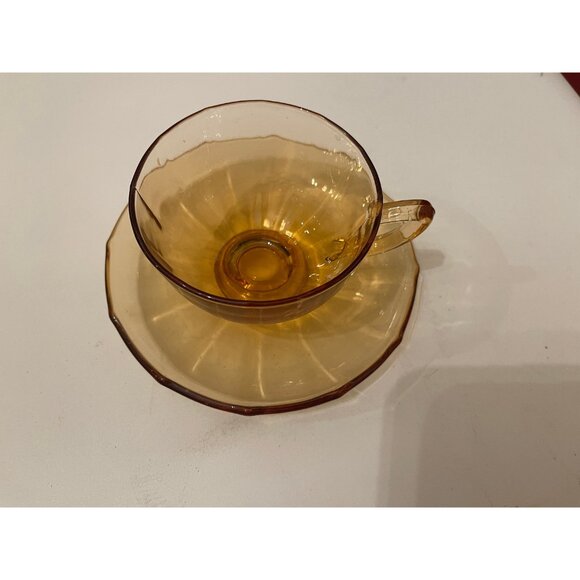 Vintage Amber Depression Glass Fostoria “Fairfax” Tea Cup & Saucer Set | circa 1 - Picture 5 of 9